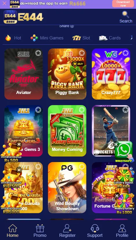 E444 Game mobile interface displayed on a smartphone